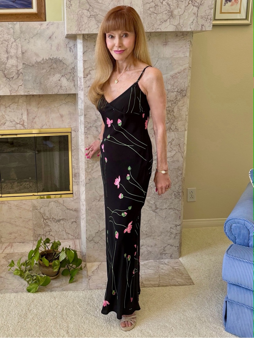 Betsey Johnson Vintage Black Maxi Slip Dress with Pink Floral Buds
